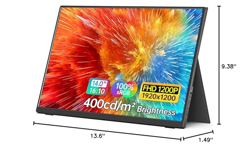 MNN Portable Monitor 14 inch FHD 1920 * 1200P USB C HDMI Ultra-Slim IPS Travel Display w/Speakers, HDR Plug&Play, External Monitor for Laptop PC, Phone,Mac(400cd/m² Brightness)