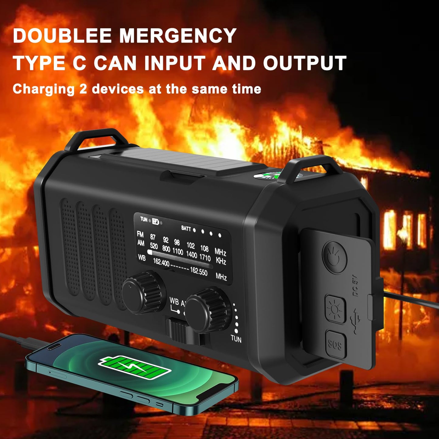 10000mAh Hand Crank Emergency Radio, NOAA Weather Radio with AM/FM & solar Radio, Rechargeable Battery, Flashlight & Reading Light, SOS Alarm, Compass Cell Phone Charger for Indoor Outdoor Emergencies