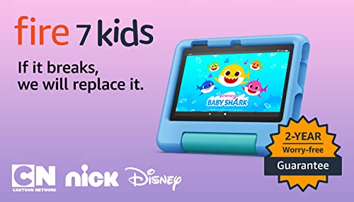 Amazon Fire 7 Kids tablet, ages 3-7. Top-selling 7" kids tablet on Amazon. Includes ad-free and exclusive content, easy parental controls, 10-hr battery, 16 GB, Blue