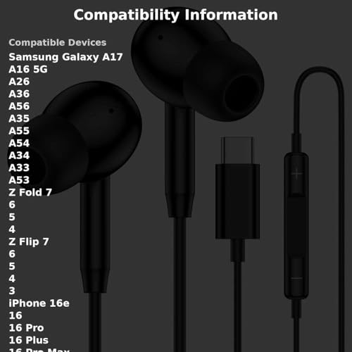 USB C Samsung Earbuds Wired Ear Buds for Samsung Galaxy A16 A17 A36 5G A26 S25 Edge A56 S25 Ultra Plus S24 FE A35 Z Fold 6 USBC In-Ear Headphones Wired Type C Earbud Earphones Headsets with Microphone