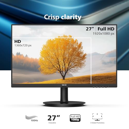 Philips New 24 inch Frameless Full HD (1920 x 1080) 100Hz Monitor, VESA, HDMI x1, VGA Port x1, Eye Care, 4 Year Advance Replacement Warranty, 241V8LB, Black