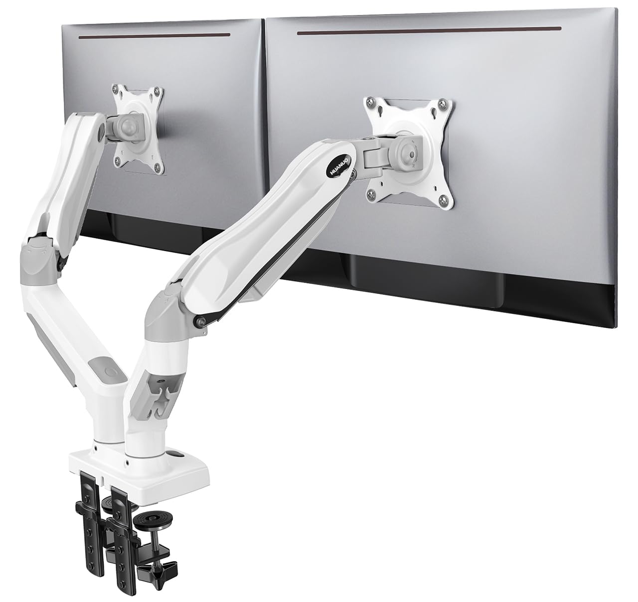 HUANUO Dual Monitor Stand - Full Adjustable Monitor Desk Mount Swivel Vesa Bracket with C Clamp, Grommet Mounting Base for 13 to 32 Inch Computer Screens - Each Arm Holds 4.4 to 19.8lbs