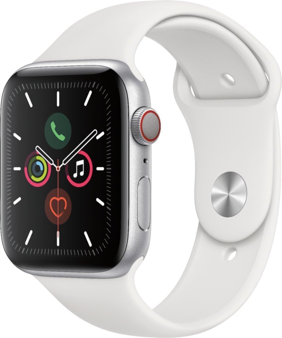 Apple Watch Series 5 (GPS, 44MM) - Silver Aluminum Case with White Sport Band (Renewed)