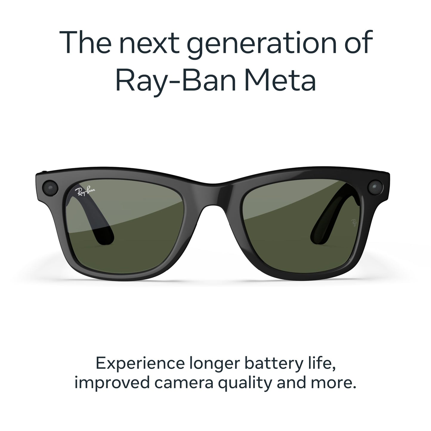 Ray-Ban Meta (Gen 2), Wayfarer, Shiny Black | Smart AI Glasses for Men, Women — 2x Battery Life — 3K Ultra HD Resolution — 12 MP Ultra-Wide Camera, Audio, Video — Green Lenses — Wearable Technology