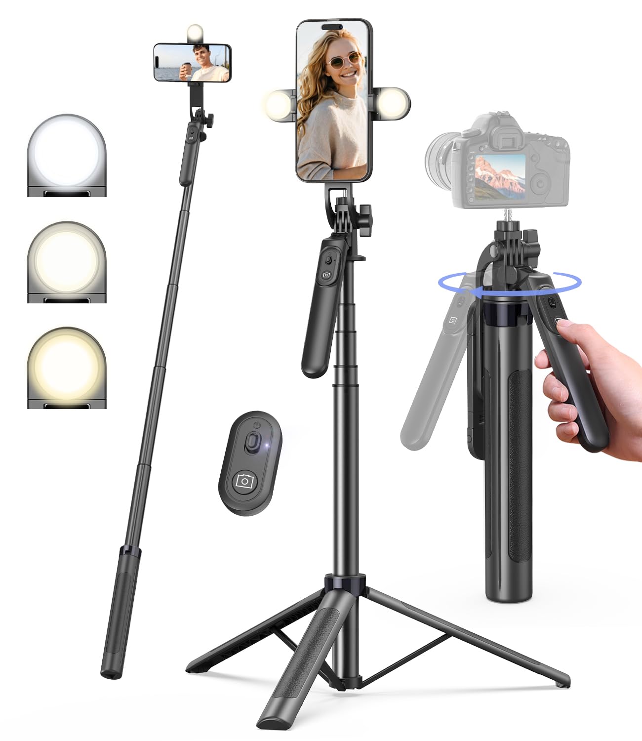 Vlogging Kit for iPhone/Android, 63”Auto Face Tracking Tripod for iPhone with Light, Wireless Microphones, Scrolling Remote Control for TikTok, Content Creator Kit for YouTube Starter