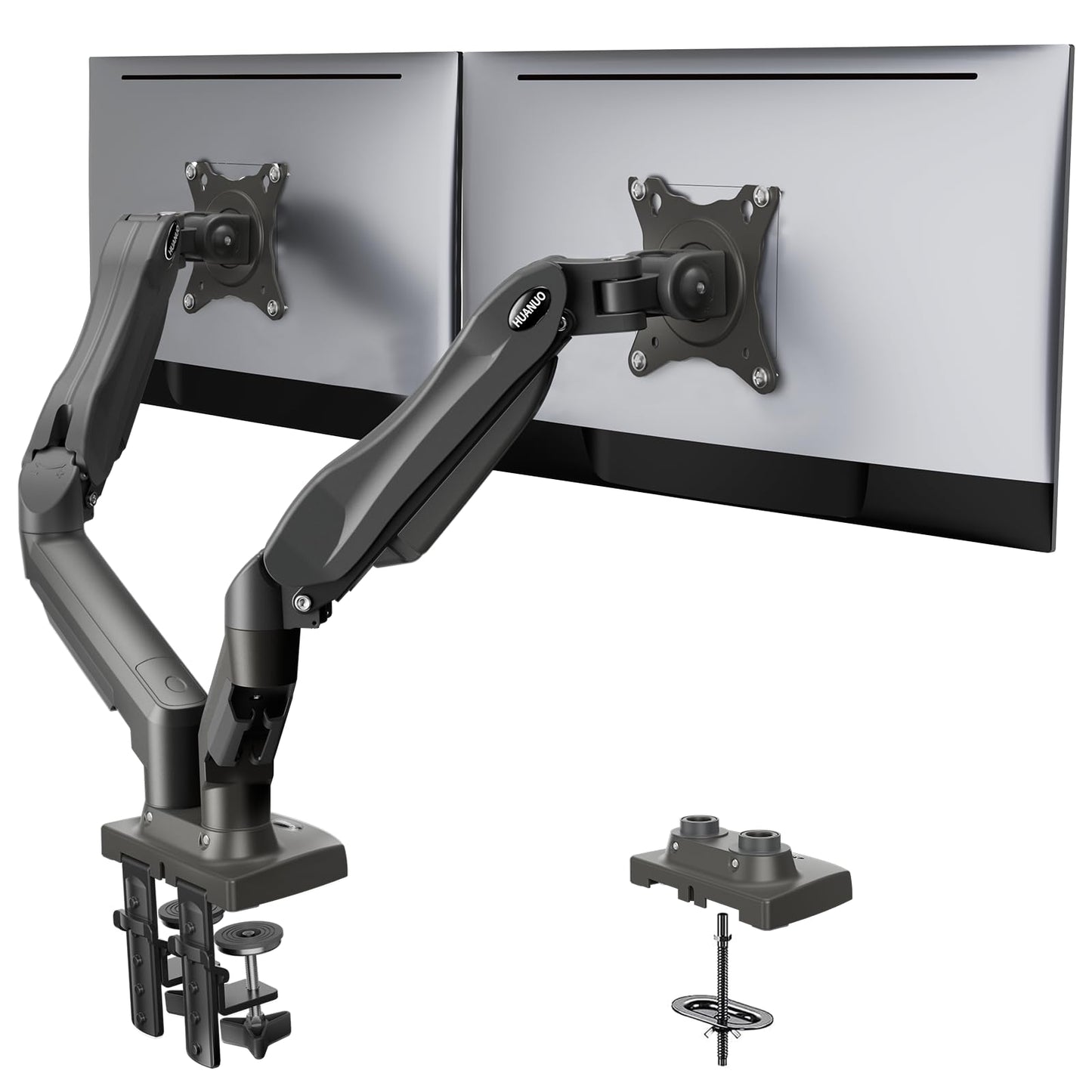 HUANUO Dual Monitor Stand - Full Adjustable Monitor Desk Mount Swivel Vesa Bracket with C Clamp, Grommet Mounting Base for 13 to 32 Inch Computer Screens - Each Arm Holds 4.4 to 19.8lbs