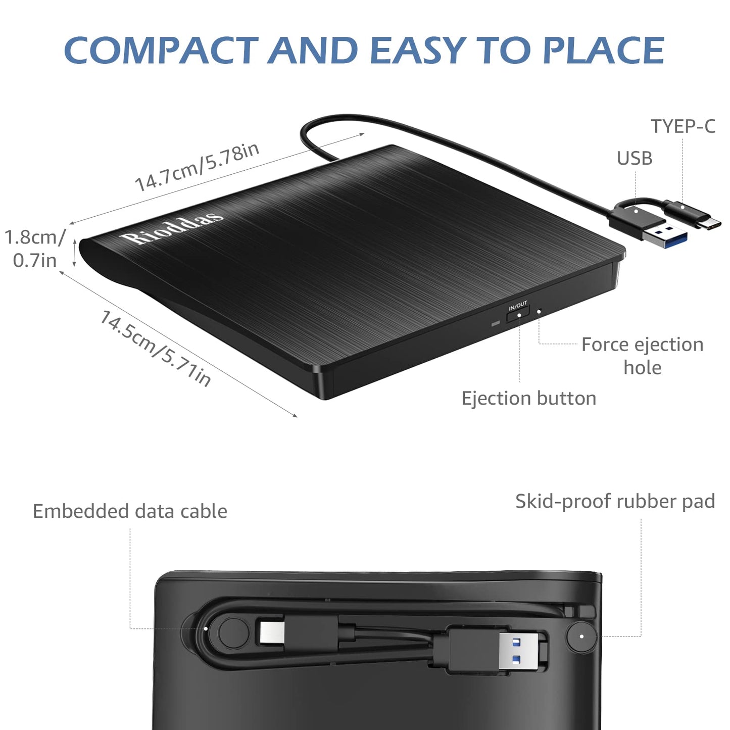External CD/DVD Drive for Laptop, USB 3.0 CD DVD Player Portable +/-RW Burner CD ROM Reader Writer Disk Duplicator Compatible with Laptop Desktop PC Windows Apple Mac Pro MacBook Linux