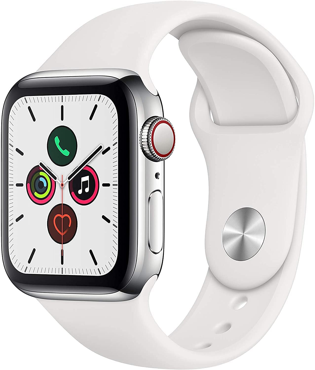Apple Watch Series 5 (GPS, 44MM) - Silver Aluminum Case with White Sport Band (Renewed)
