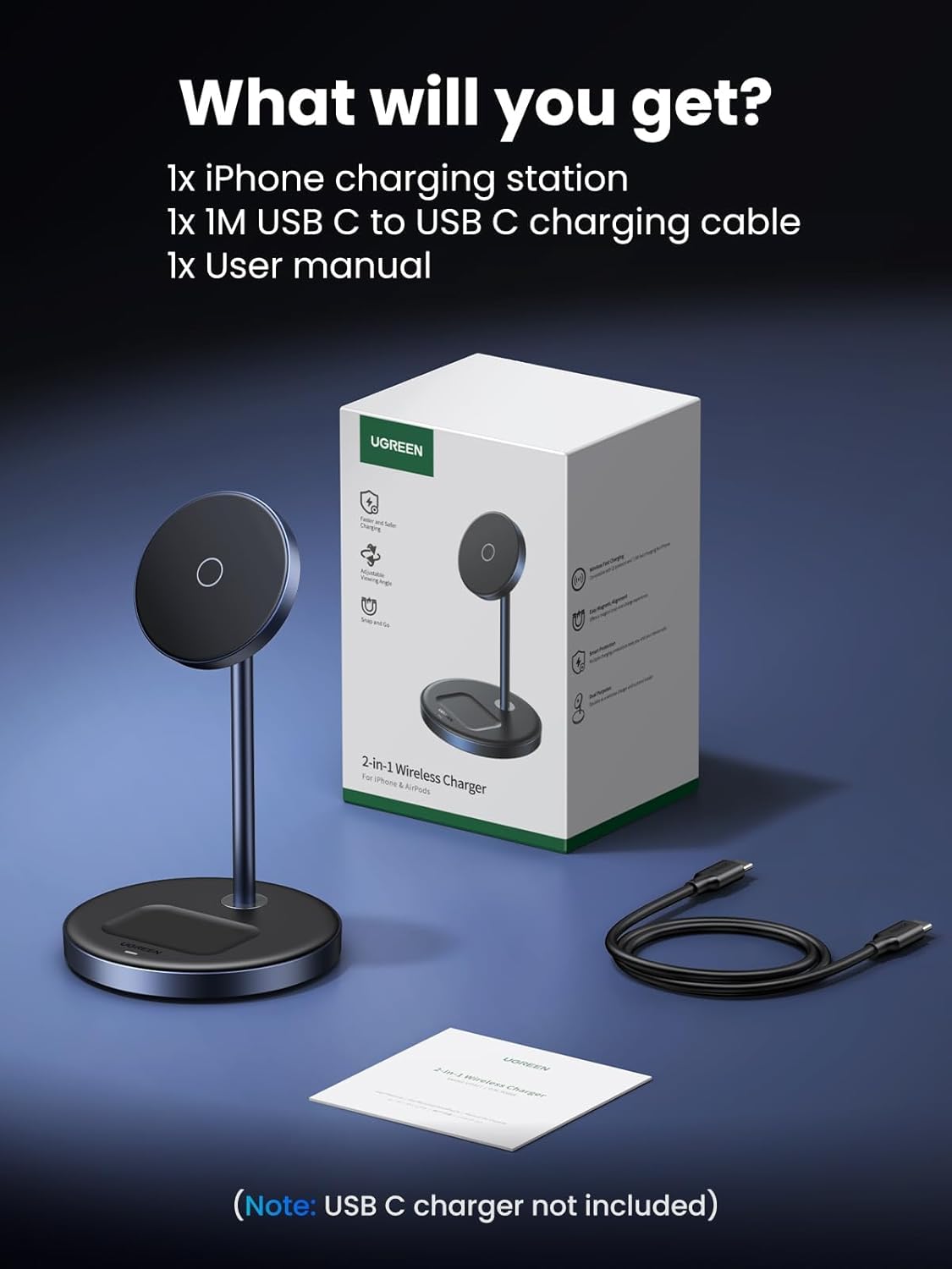 UGREEN MagFlow 2-in-1 Magnetic Wireless Charging Stand Fast Wireless Charger for iPhone 17 16 15 14 13 12 Series and AirPods, MagSafe Compatible Qi Charging Stand with 3 FT USB-C Cable (No AC Adapter)