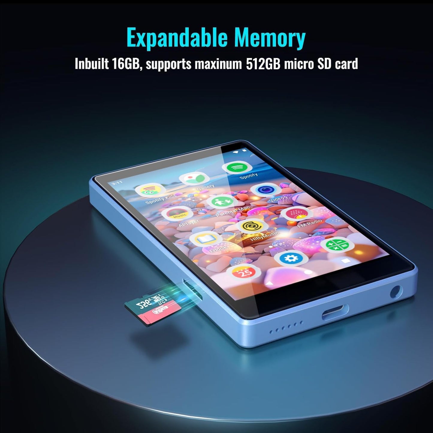 MP3 Player for Kids with Spotify, Parental Controls, Spotify Kids, Audible, Amazon Music, Libby, 4.0" IPS Kids MP4 Music Player Up to 512GB (Blue)