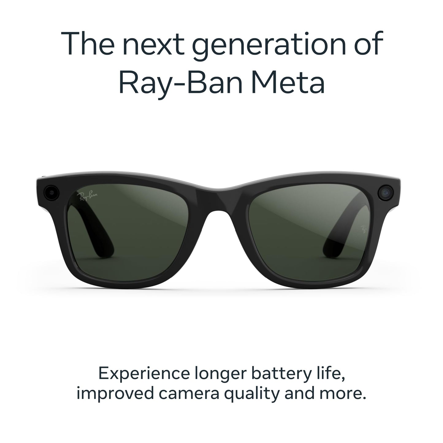 Ray-Ban Meta (Gen 2), Wayfarer, Shiny Black | Smart AI Glasses for Men, Women — 2x Battery Life — 3K Ultra HD Resolution — 12 MP Ultra-Wide Camera, Audio, Video — Green Lenses — Wearable Technology