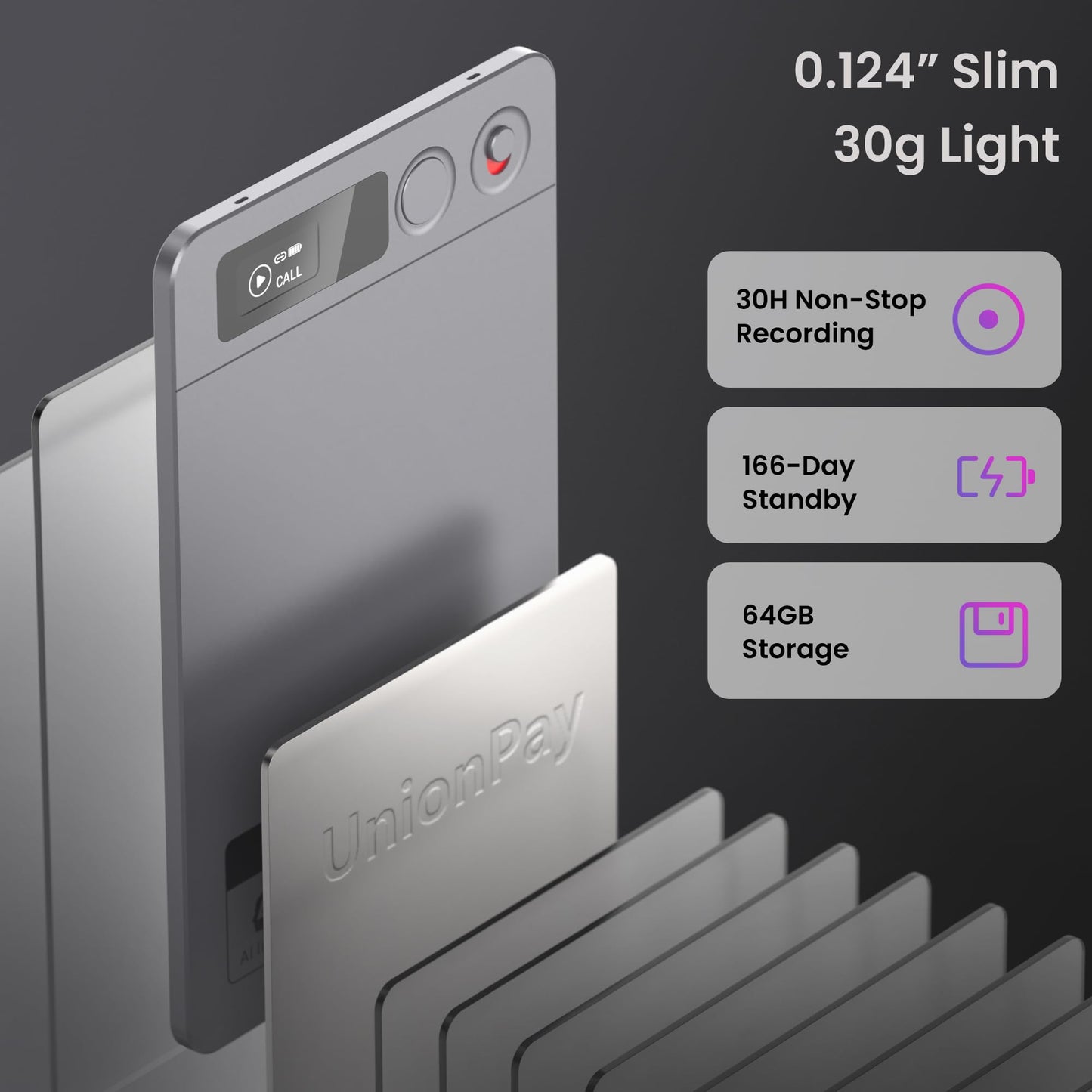 AI Voice Recorder, Note Voice Recorder - Transcribe & Summarize, AI Noise Cancellation Technology, Supports 152 Languages, 64GB Memory APP Control Audio Recorder for Lectures, Meetings, Calls, Gray