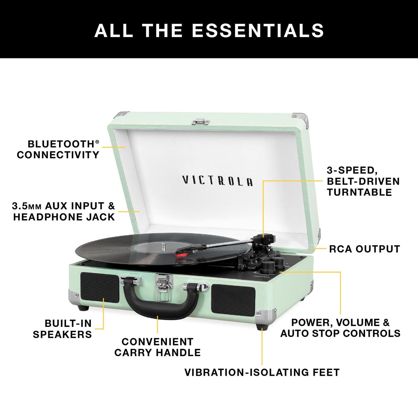 Victrola Journey Bluetooth Portable Suitcase Record Player – with Built-in Speakers, 3 Speed Vinyl Record Player, RCA Out, Headphone Jack (Black)