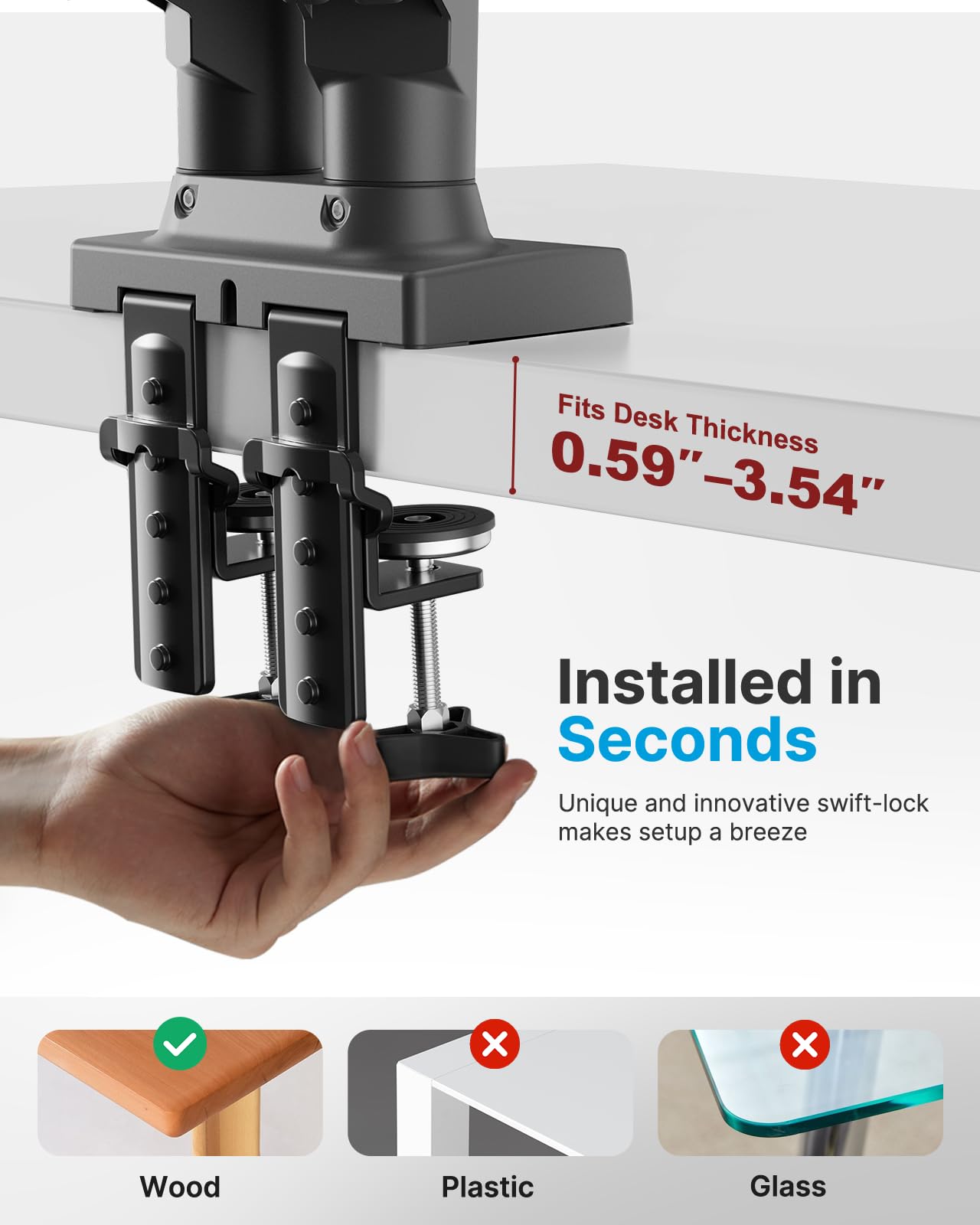 HUANUO Dual Monitor Stand - Full Adjustable Monitor Desk Mount Swivel Vesa Bracket with C Clamp, Grommet Mounting Base for 13 to 32 Inch Computer Screens - Each Arm Holds 4.4 to 19.8lbs