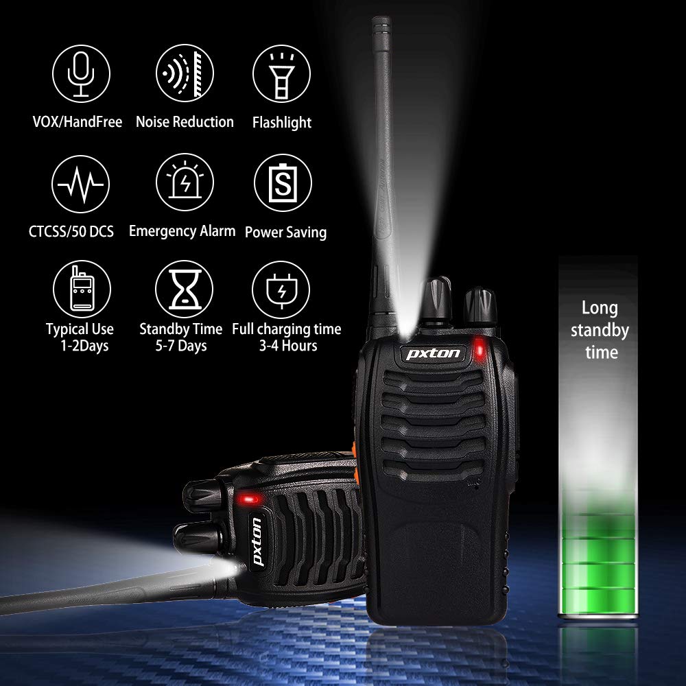 pxton Two Way Radios Long Range Walkie Talkies for Adults with Headphones,16 Channel Handheld 2 Way Radio Rechargeable with Flashlight Li-ion Battery and Charger（6 Pack）