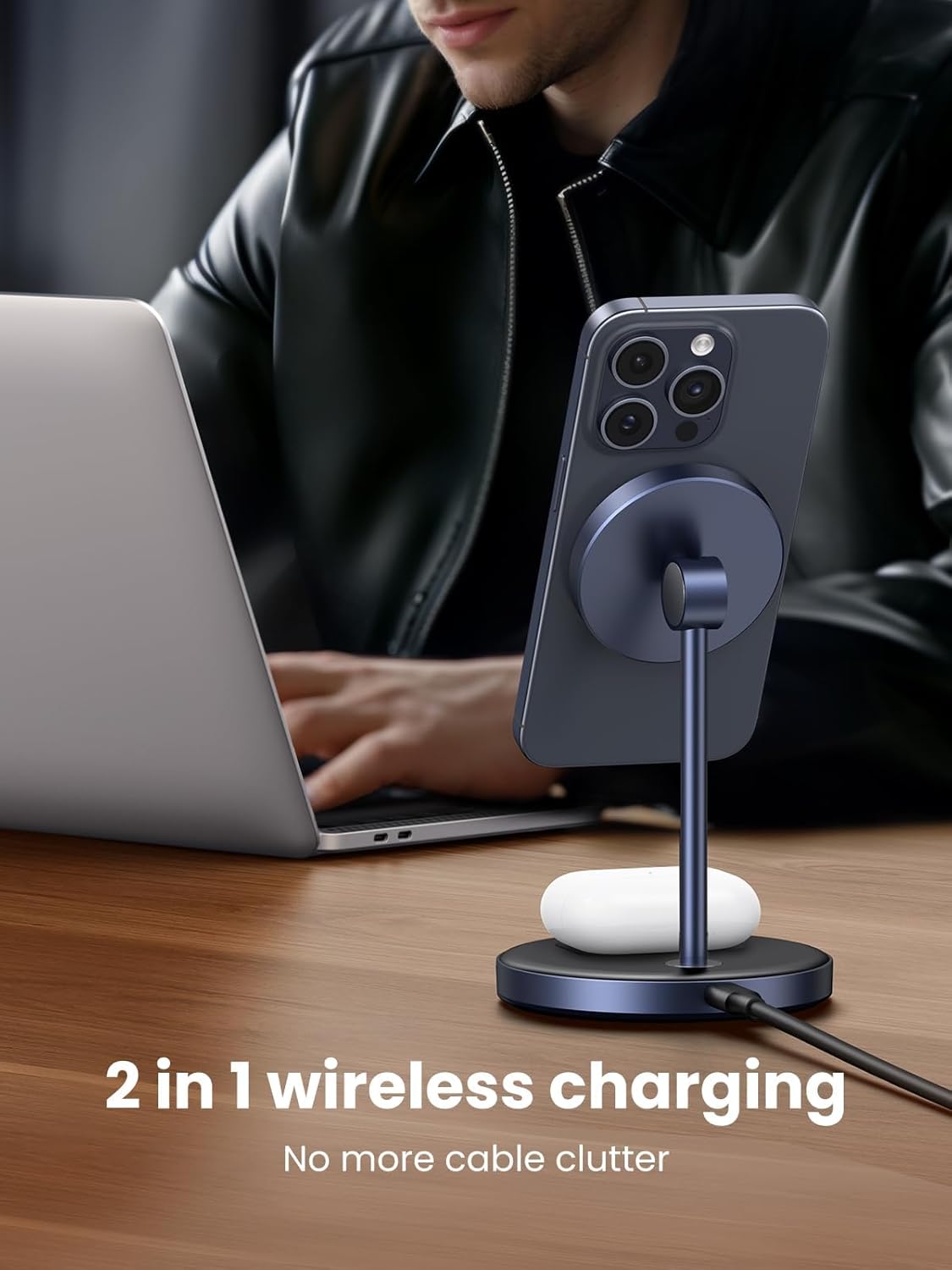 UGREEN MagFlow 2-in-1 Magnetic Wireless Charging Stand Fast Wireless Charger for iPhone 17 16 15 14 13 12 Series and AirPods, MagSafe Compatible Qi Charging Stand with 3 FT USB-C Cable (No AC Adapter)