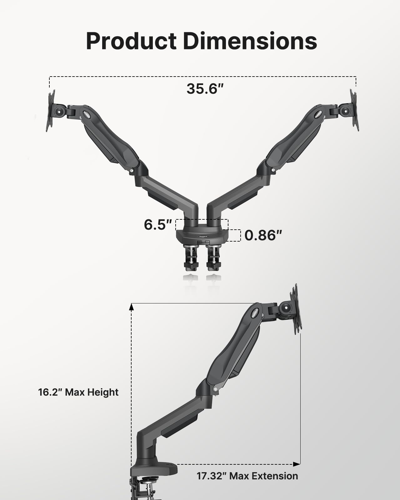 HUANUO Dual Monitor Stand - Full Adjustable Monitor Desk Mount Swivel Vesa Bracket with C Clamp, Grommet Mounting Base for 13 to 32 Inch Computer Screens - Each Arm Holds 4.4 to 19.8lbs