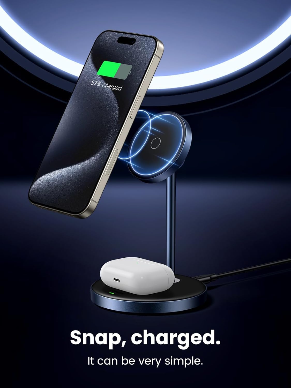 UGREEN MagFlow 2-in-1 Magnetic Wireless Charging Stand Fast Wireless Charger for iPhone 17 16 15 14 13 12 Series and AirPods, MagSafe Compatible Qi Charging Stand with 3 FT USB-C Cable (No AC Adapter)