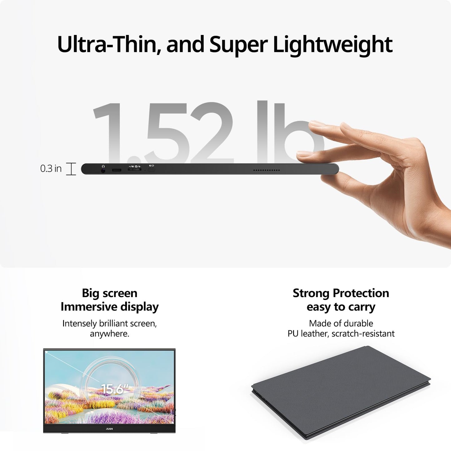 MNN Portable Monitor 14 inch FHD 1920 * 1200P USB C HDMI Ultra-Slim IPS Travel Display w/Speakers, HDR Plug&Play, External Monitor for Laptop PC, Phone,Mac(400cd/m² Brightness)