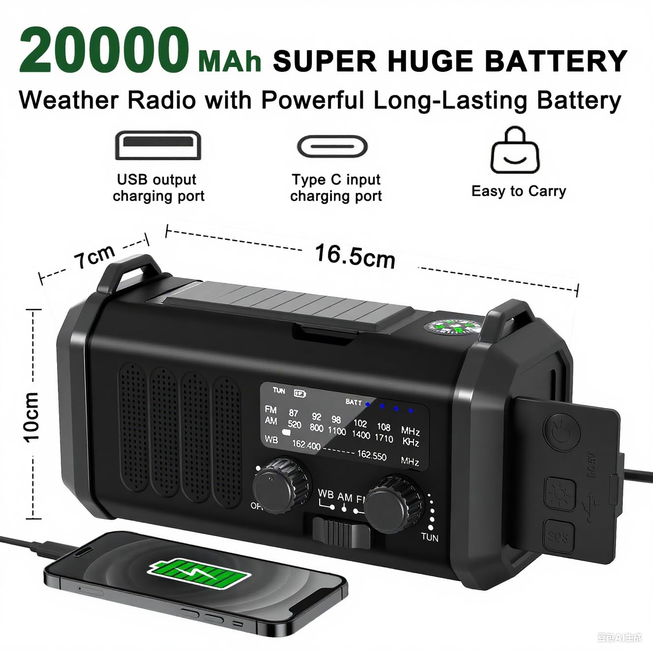 10000mAh Hand Crank Emergency Radio, NOAA Weather Radio with AM/FM & solar Radio, Rechargeable Battery, Flashlight & Reading Light, SOS Alarm, Compass Cell Phone Charger for Indoor Outdoor Emergencies