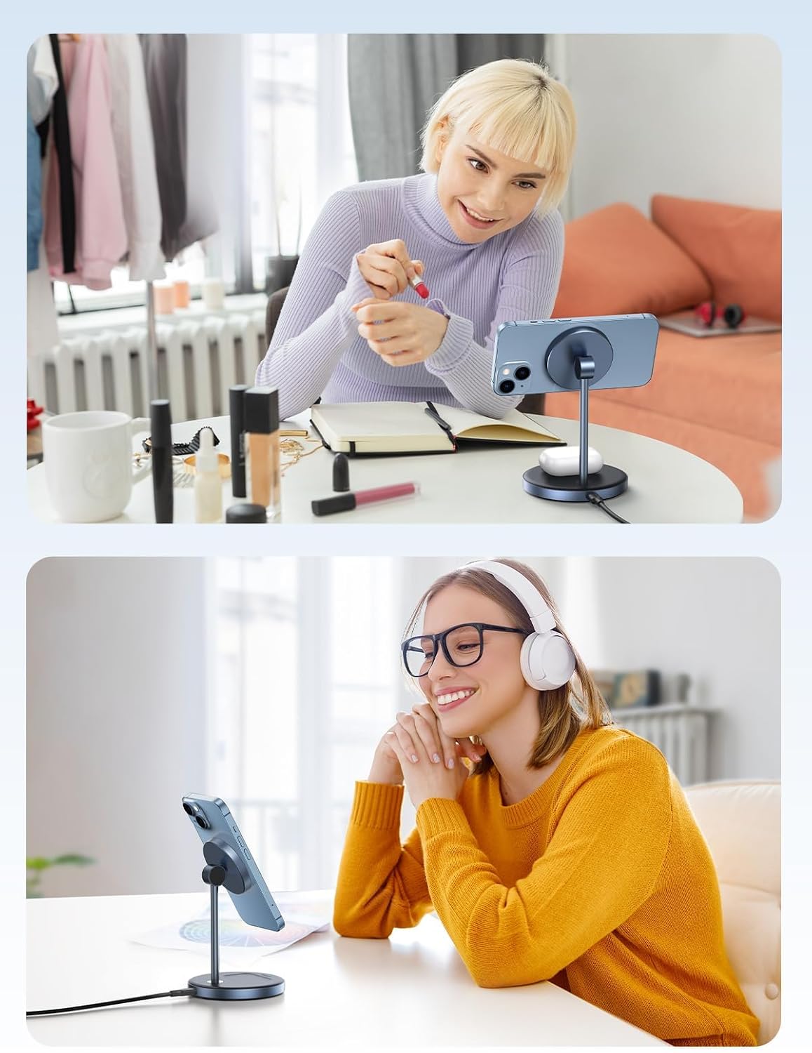 UGREEN MagFlow 2-in-1 Magnetic Wireless Charging Stand Fast Wireless Charger for iPhone 17 16 15 14 13 12 Series and AirPods, MagSafe Compatible Qi Charging Stand with 3 FT USB-C Cable (No AC Adapter)