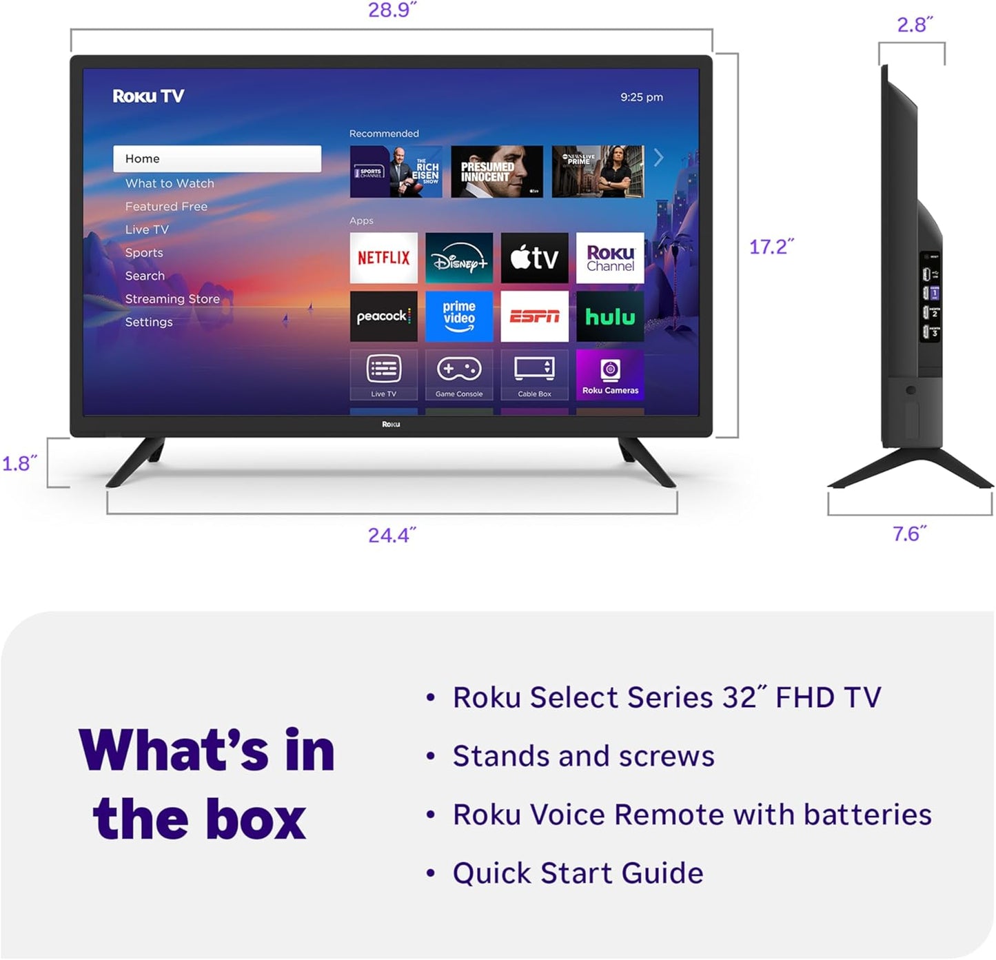 Roku Smart TV 2025 – 32-Inch Select Series, 1080p Full HD TV – Roku TV with Voice Remote – Flat Screen LED Television with Wi-Fi for Streaming Live Local News, Sports, Family Entertainment