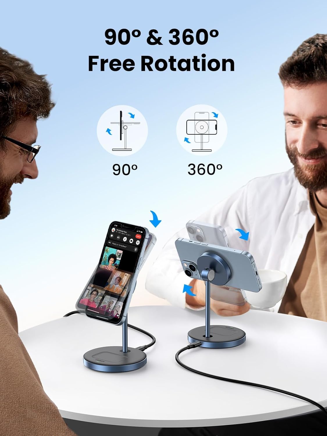 UGREEN MagFlow 2-in-1 Magnetic Wireless Charging Stand Fast Wireless Charger for iPhone 17 16 15 14 13 12 Series and AirPods, MagSafe Compatible Qi Charging Stand with 3 FT USB-C Cable (No AC Adapter)