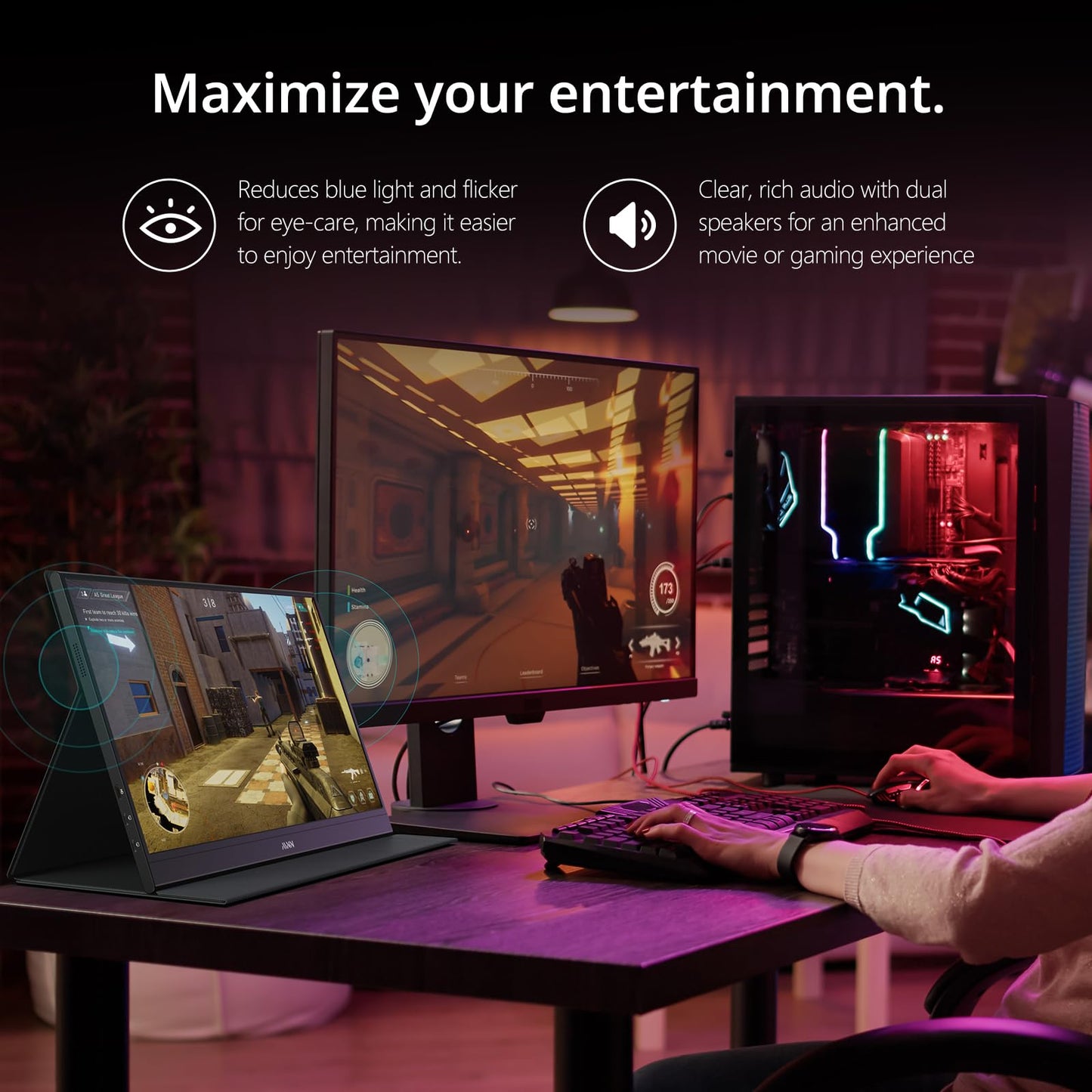 MNN Portable Monitor 14 inch FHD 1920 * 1200P USB C HDMI Ultra-Slim IPS Travel Display w/Speakers, HDR Plug&Play, External Monitor for Laptop PC, Phone,Mac(400cd/m² Brightness)