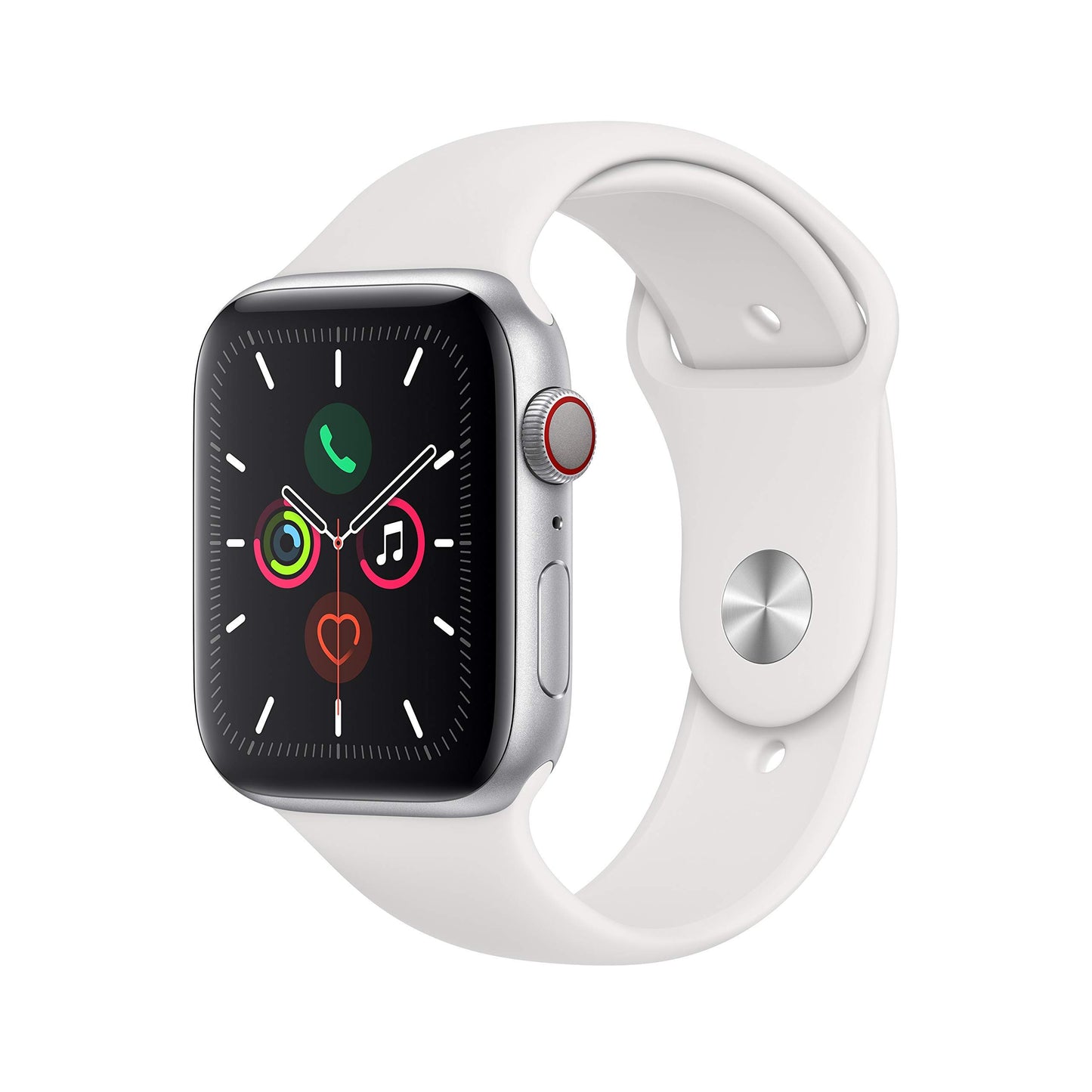 Apple Watch Series 5 (GPS, 44MM) - Silver Aluminum Case with White Sport Band (Renewed)