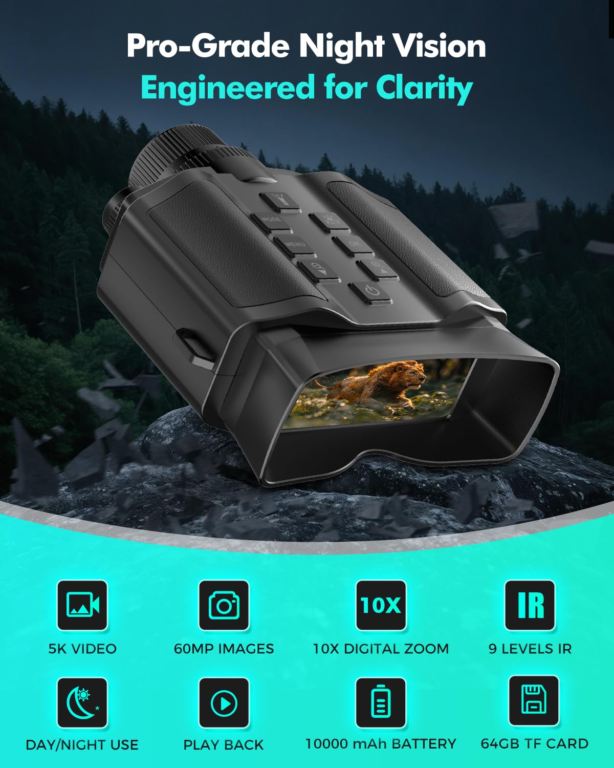 Night Vision Goggles - 4K Night Vision Binoculars with 5000mAh Rechargeable Battery, 32GB TF Card can Save Photo and Video, 3'' HD Screen for Camping & Security, Black