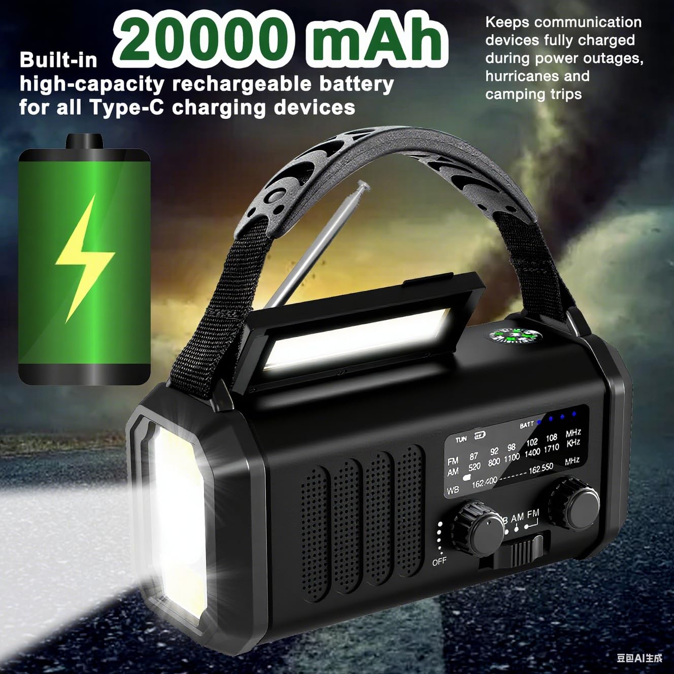 10000mAh Hand Crank Emergency Radio, NOAA Weather Radio with AM/FM & solar Radio, Rechargeable Battery, Flashlight & Reading Light, SOS Alarm, Compass Cell Phone Charger for Indoor Outdoor Emergencies