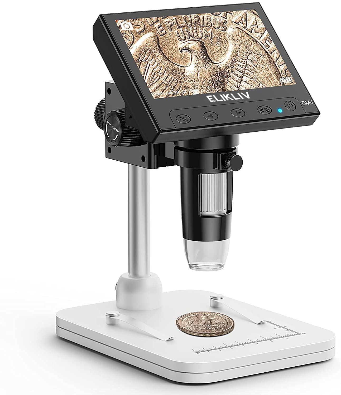 Elikliv Microscope, LCD Digital Coin Microscope 1000x, Coin Magnifier with 8 Adjustable LED Lights, PC View Compatible with Windows/MacBook, EDM4, 4.3-Inch