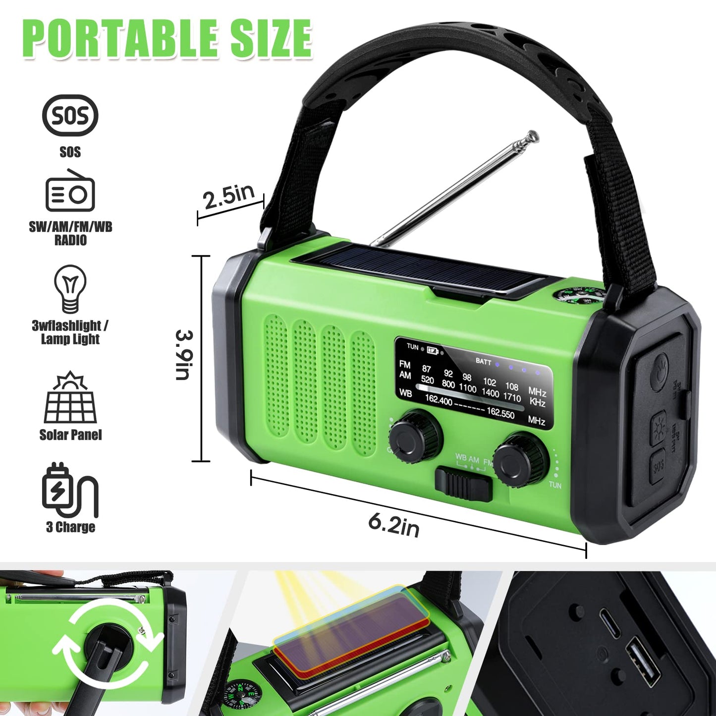 10000mAh Hand Crank Emergency Radio, NOAA Weather Radio with AM/FM & solar Radio, Rechargeable Battery, Flashlight & Reading Light, SOS Alarm, Compass Cell Phone Charger for Indoor Outdoor Emergencies