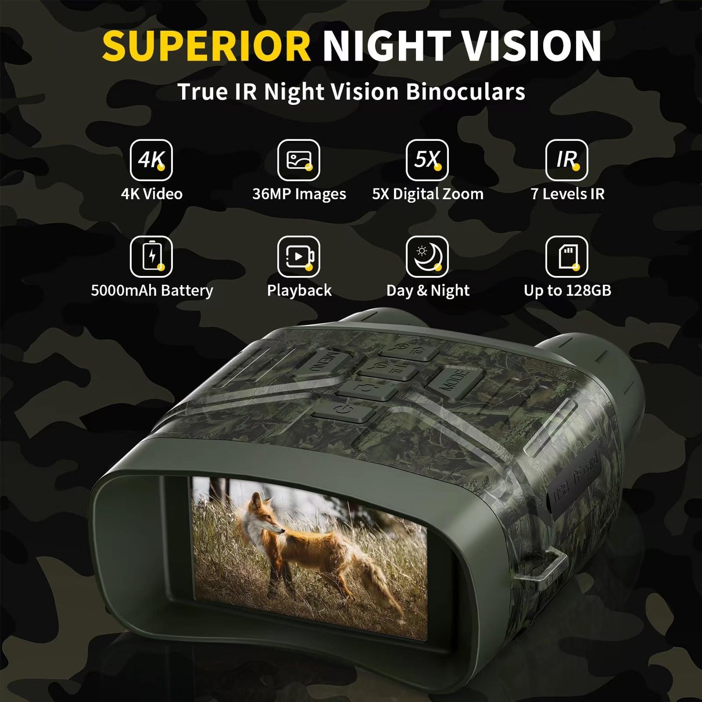 Night Vision Goggles - 4K Night Vision Binoculars with 5000mAh Rechargeable Battery, 32GB TF Card can Save Photo and Video, 3'' HD Screen for Camping & Security, Black