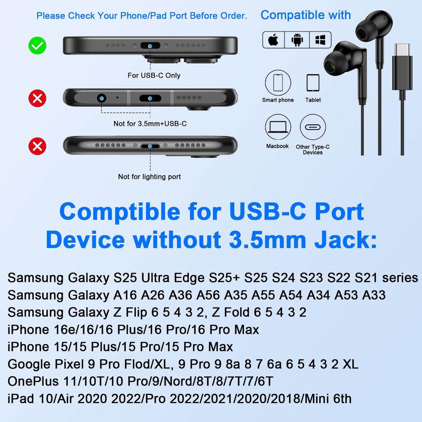 USB C Samsung Earbuds Wired Ear Buds for Samsung Galaxy A16 A17 A36 5G A26 S25 Edge A56 S25 Ultra Plus S24 FE A35 Z Fold 6 USBC In-Ear Headphones Wired Type C Earbud Earphones Headsets with Microphone