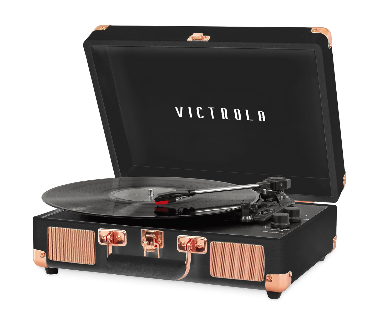 Victrola Journey Bluetooth Portable Suitcase Record Player – with Built-in Speakers, 3 Speed Vinyl Record Player, RCA Out, Headphone Jack (Black)