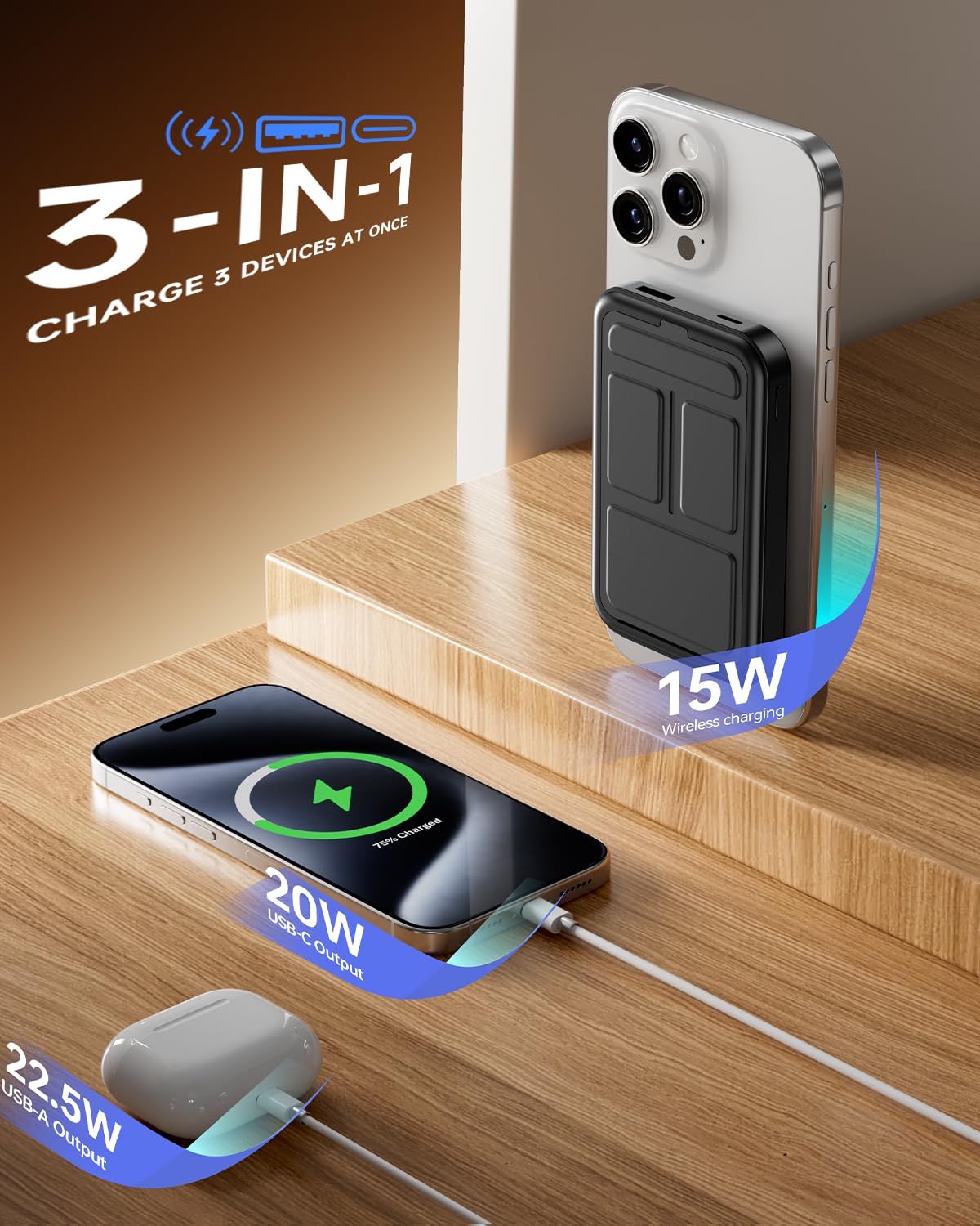 Magnetic Portable Charger, 10000mAh Power Bank with Leather Foldable Stand - Travel Essentials, USB-C 20W Fast Charging for Magsafe Battery Pack, Compatible with iPhone 17/16/15/14/13 Series