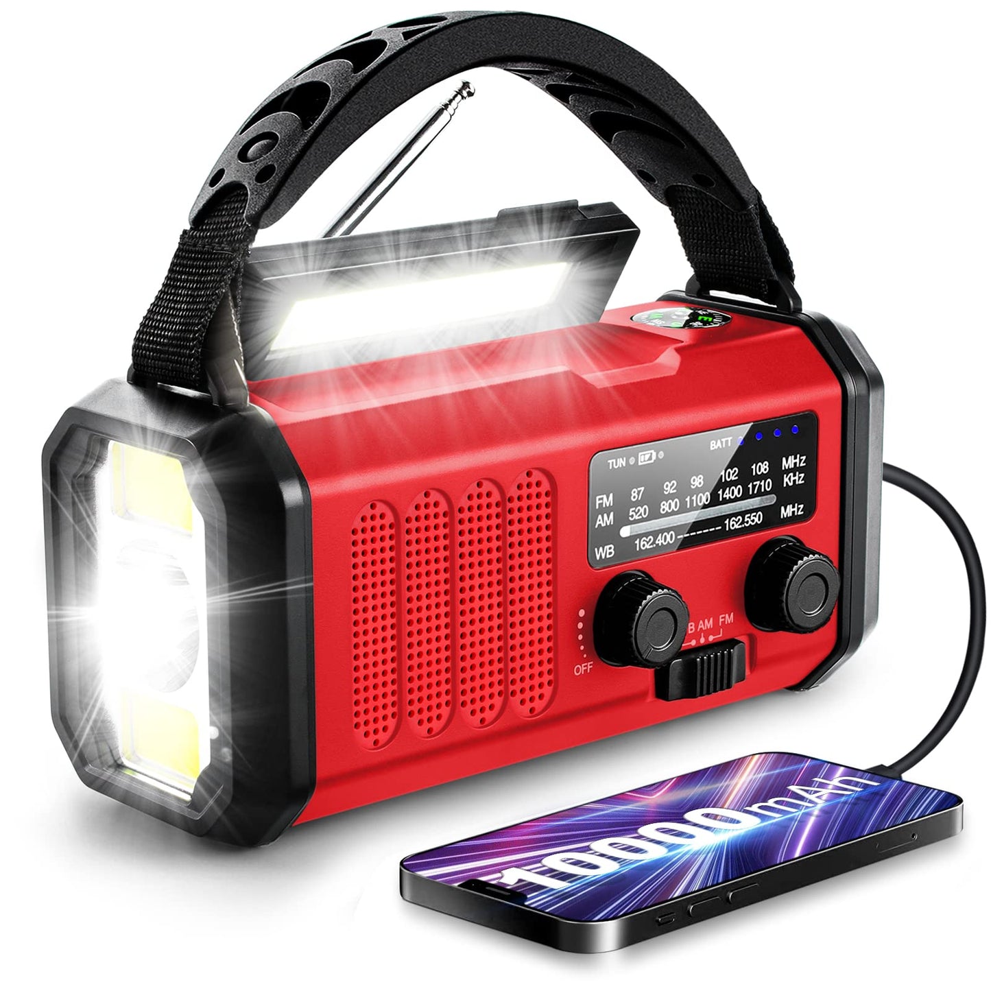 10000mAh Hand Crank Emergency Radio, NOAA Weather Radio with AM/FM & solar Radio, Rechargeable Battery, Flashlight & Reading Light, SOS Alarm, Compass Cell Phone Charger for Indoor Outdoor Emergencies