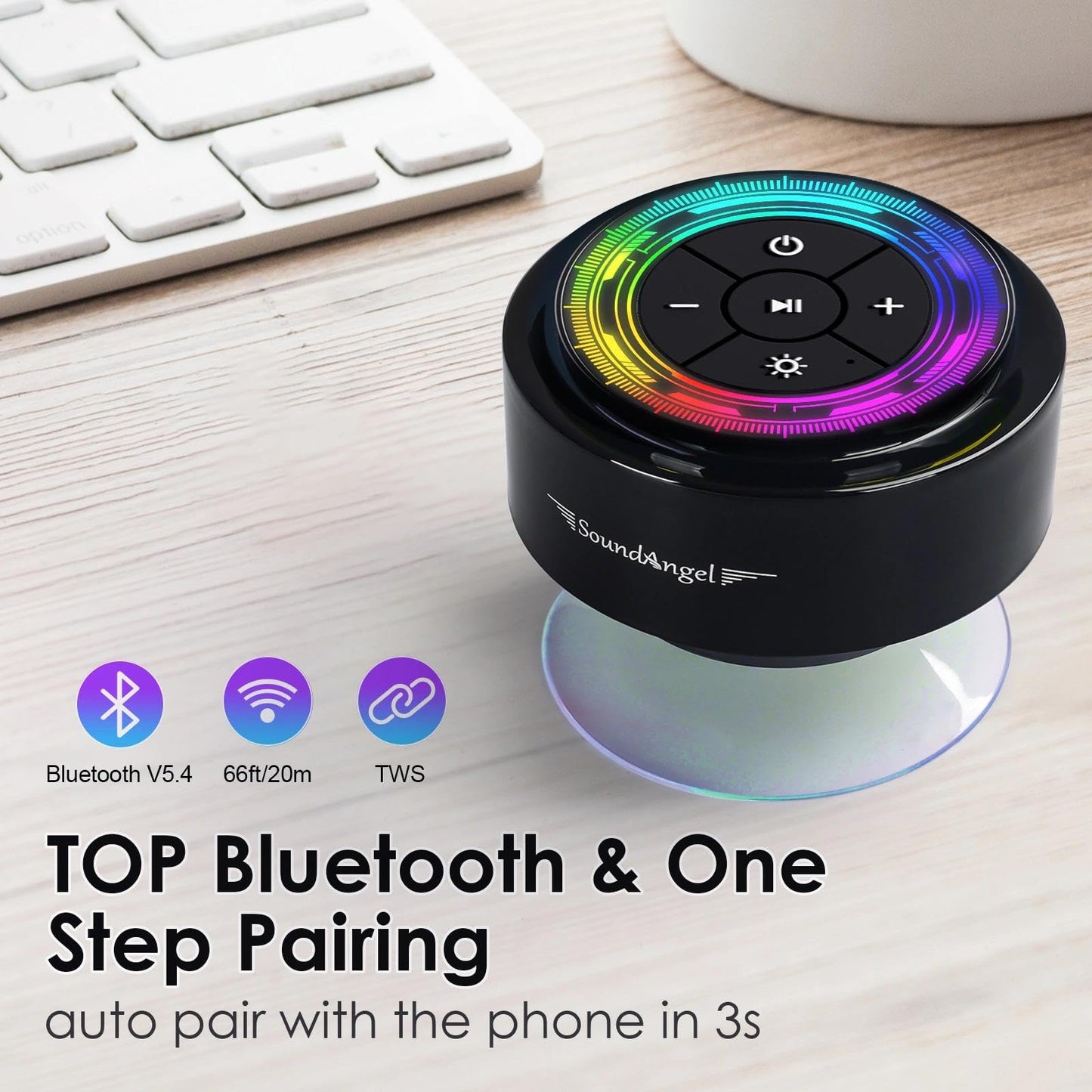 XLeader Shower Speaker, Upgraded,Certified IPX7 Waterproof, Mini Bluetooth Wireless Small Speaker with Lights, Suction Cup and Mic for Bathroom, Crystal Sound&Bass,12H Playtime, Ideal Electronic Gifts