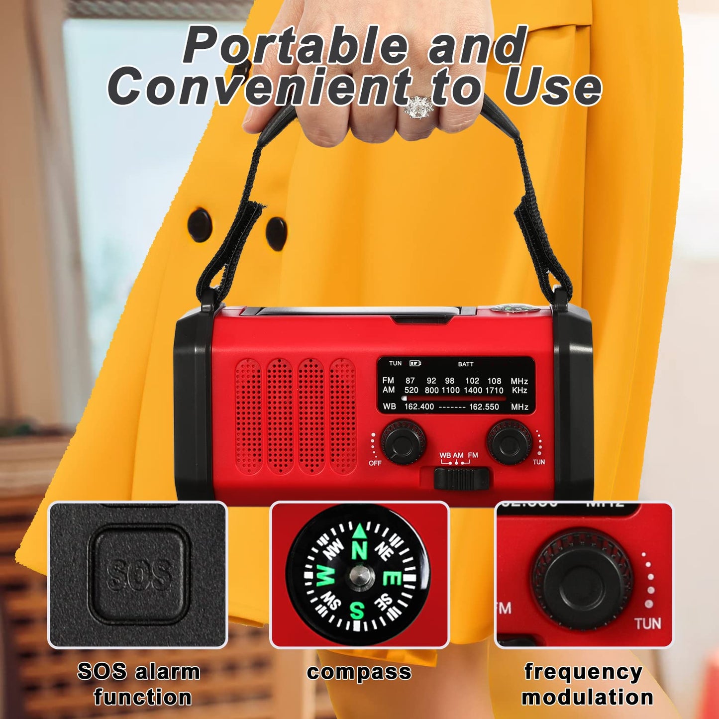 10000mAh Hand Crank Emergency Radio, NOAA Weather Radio with AM/FM & solar Radio, Rechargeable Battery, Flashlight & Reading Light, SOS Alarm, Compass Cell Phone Charger for Indoor Outdoor Emergencies