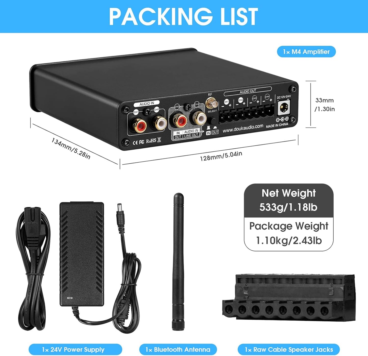 4 Channel Bluetooth Amplifier, 50W x 4 Audio Power Amp, Hi-Fi Home Stereo Speaker Receiver [Douk Audio M4]