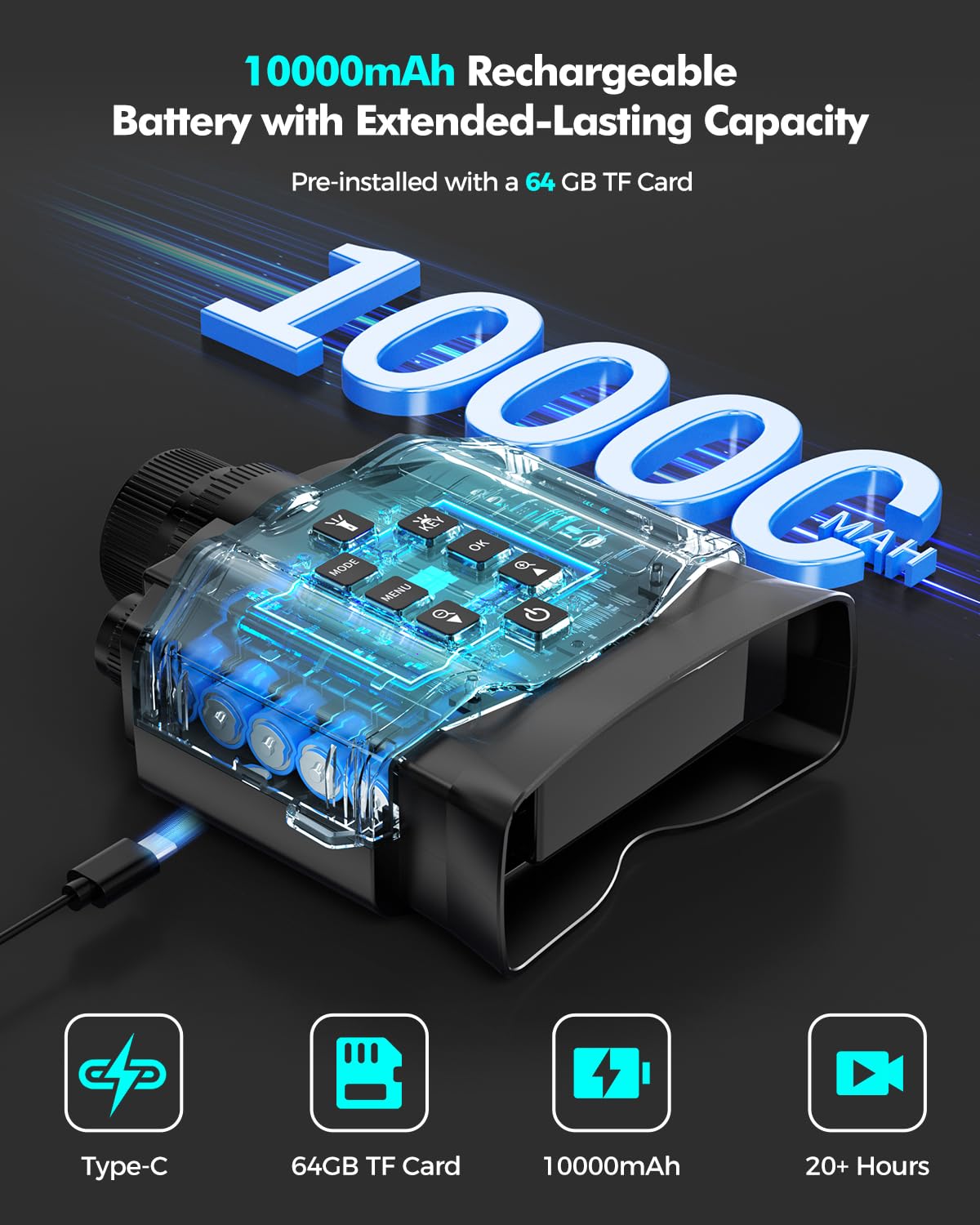 Night Vision Goggles - 4K Night Vision Binoculars with 5000mAh Rechargeable Battery, 32GB TF Card can Save Photo and Video, 3'' HD Screen for Camping & Security, Black