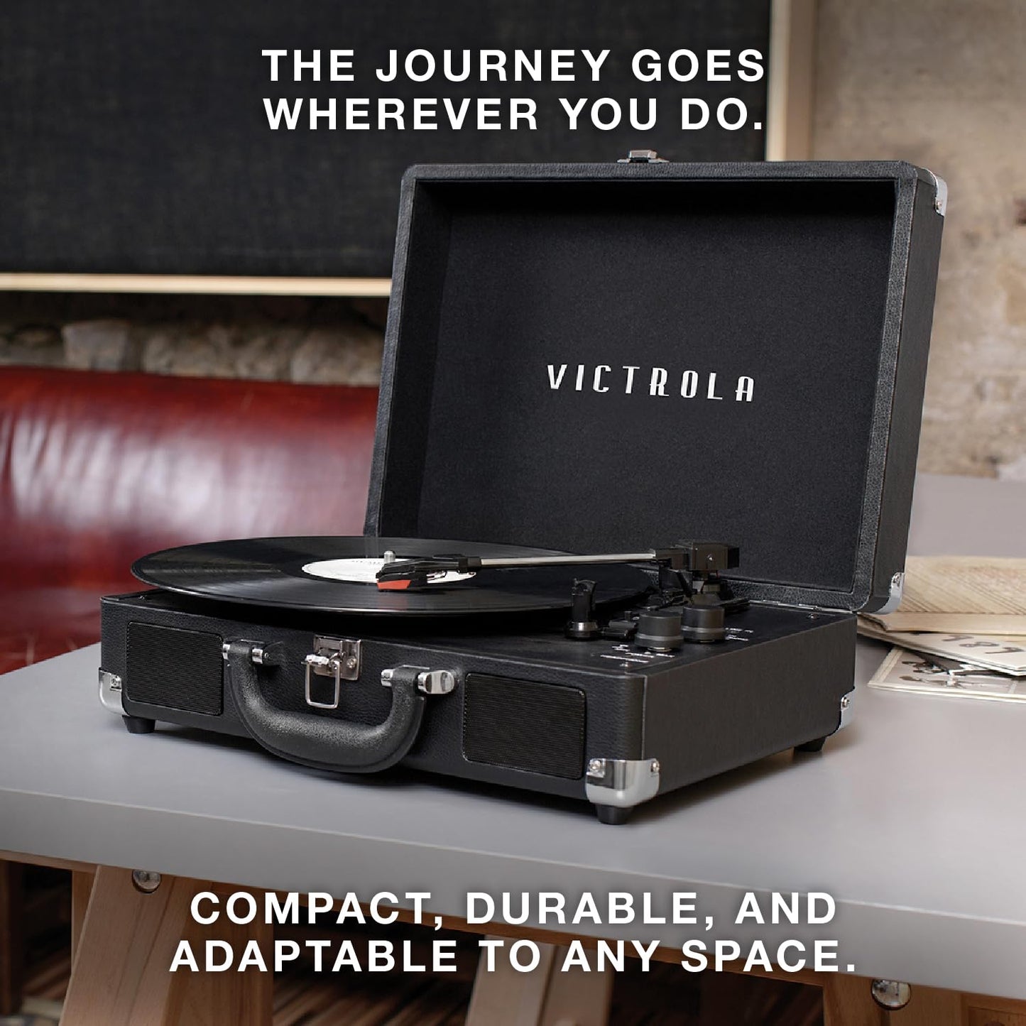 Victrola Journey Bluetooth Portable Suitcase Record Player – with Built-in Speakers, 3 Speed Vinyl Record Player, RCA Out, Headphone Jack (Black)