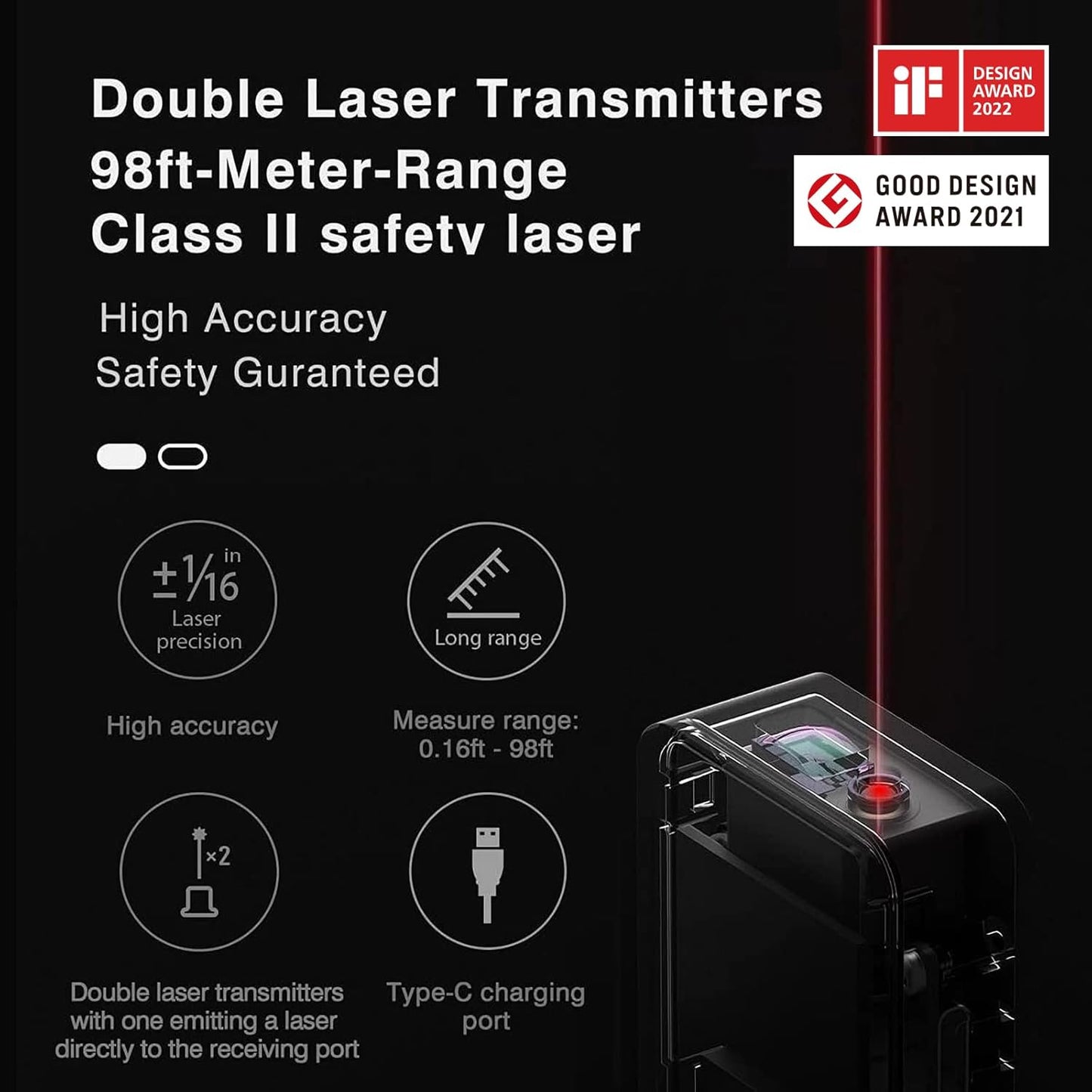HOTO Laser Measuring Tool, Pocket-Size 98Ft Digital Laser Tape Measure ±2mm Accuracy, USB-C Rechargeable, OLED Display, Ft/M/in Unit Conversion, Real-time Data Sync, Cool Gadgets for Men & Home Use