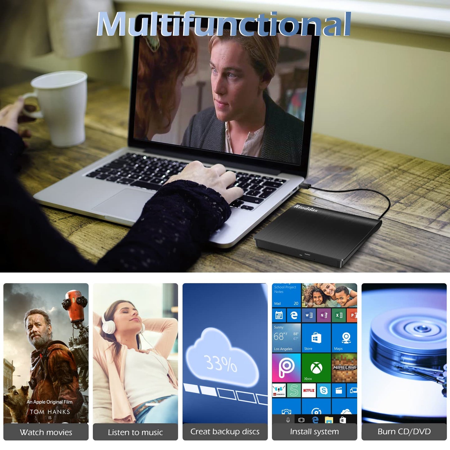 External CD/DVD Drive for Laptop, USB 3.0 CD DVD Player Portable +/-RW Burner CD ROM Reader Writer Disk Duplicator Compatible with Laptop Desktop PC Windows Apple Mac Pro MacBook Linux