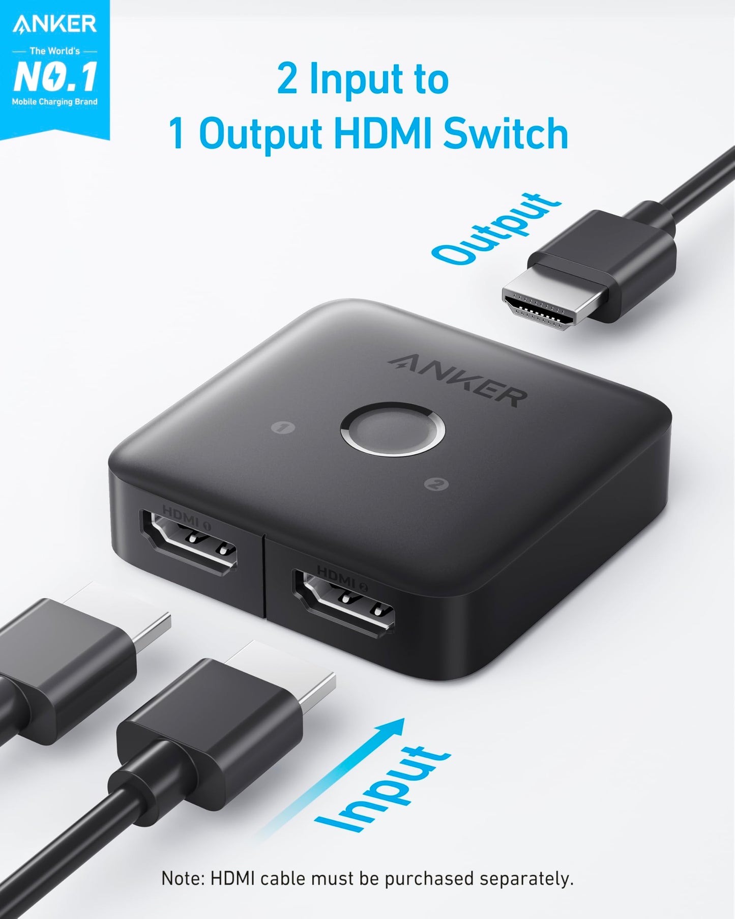 Anker HDMI Switch, 4K@60Hz HDMI Switcher, 2 in 1 Out with Smooth Finish, Supports HDR, 3D, Dolby, Compatible with Laptops, PC, Xbox Series, PS5 / PS4, Projector, and More