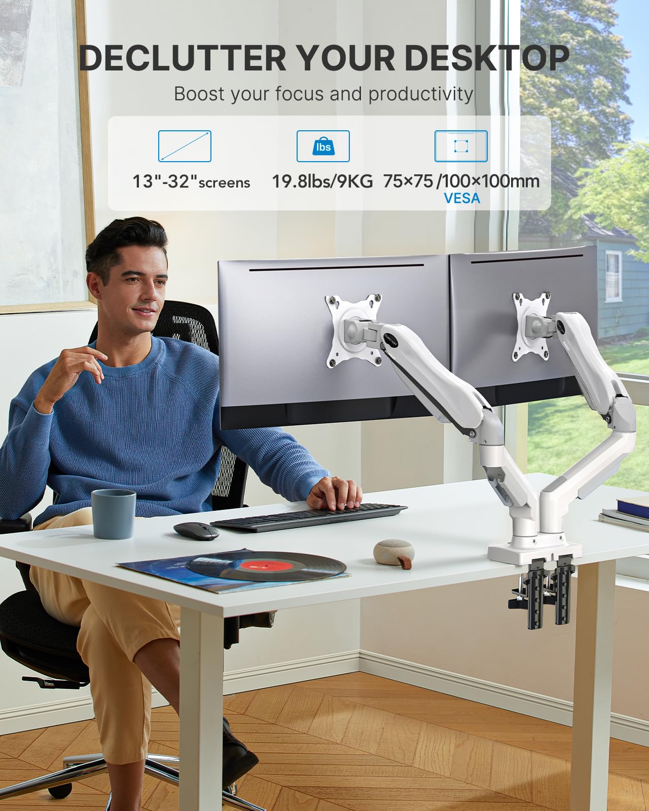HUANUO Dual Monitor Stand - Full Adjustable Monitor Desk Mount Swivel Vesa Bracket with C Clamp, Grommet Mounting Base for 13 to 32 Inch Computer Screens - Each Arm Holds 4.4 to 19.8lbs