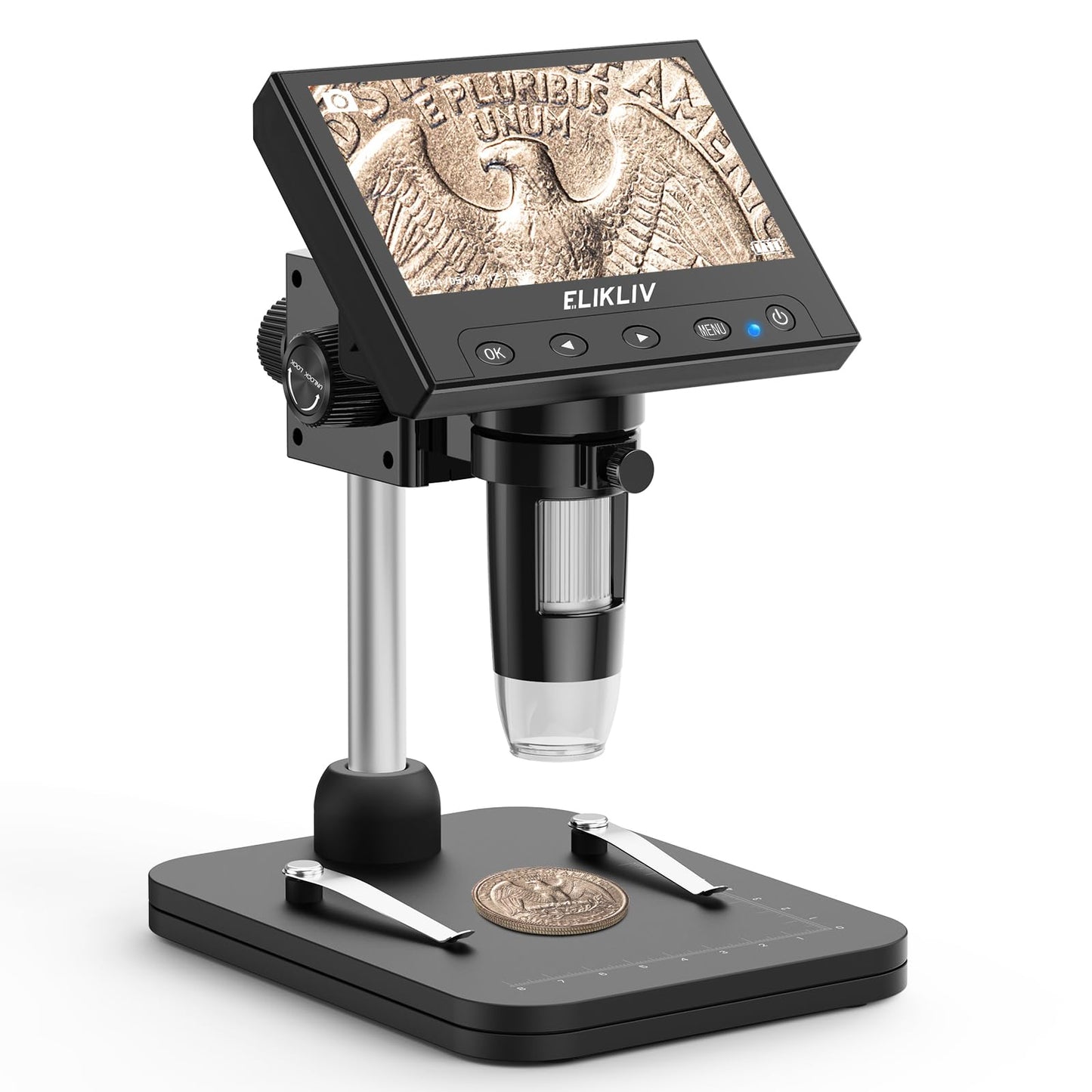 Elikliv Microscope, LCD Digital Coin Microscope 1000x, Coin Magnifier with 8 Adjustable LED Lights, PC View Compatible with Windows/MacBook, EDM4, 4.3-Inch