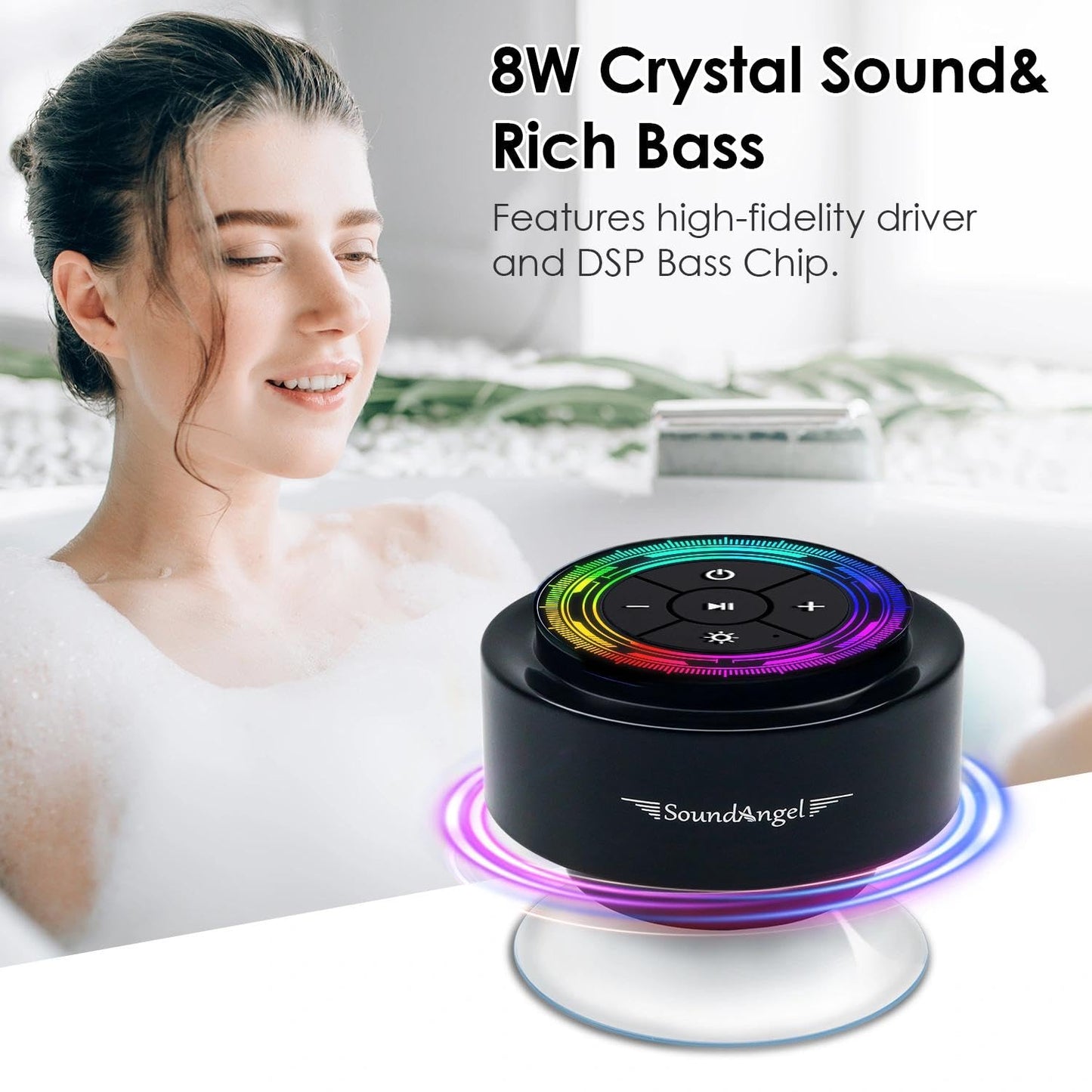XLeader Shower Speaker, Upgraded,Certified IPX7 Waterproof, Mini Bluetooth Wireless Small Speaker with Lights, Suction Cup and Mic for Bathroom, Crystal Sound&Bass,12H Playtime, Ideal Electronic Gifts