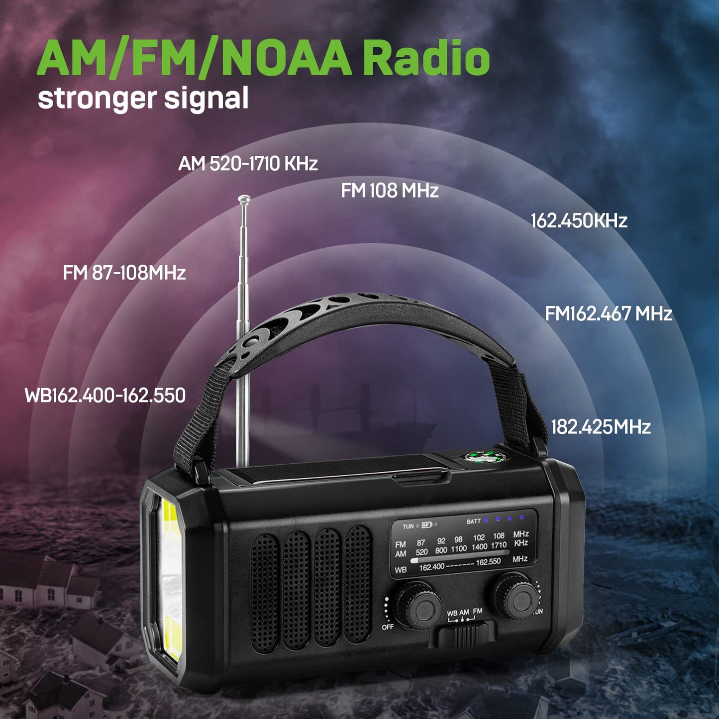 10000mAh Hand Crank Emergency Radio, NOAA Weather Radio with AM/FM & solar Radio, Rechargeable Battery, Flashlight & Reading Light, SOS Alarm, Compass Cell Phone Charger for Indoor Outdoor Emergencies